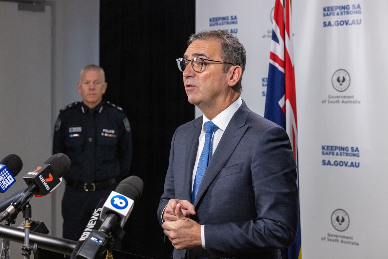 Premier Steven Marshall and Police Commissioner Grant Stevens. Photo: Tony Lewis/InDaily 