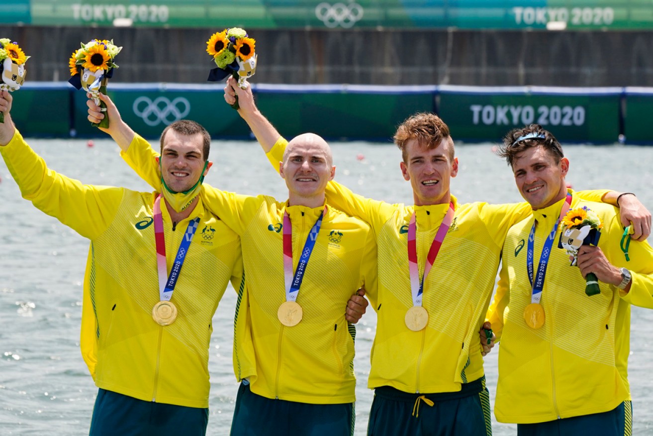 The gold medal winning coxless fours crew (from left) Alexander Purnell, Spencer Turrin, Jack Hargreaves and Alexander Hill celebrate their Tokyo 2020 win. Picture: Kimimasa Mayama/EPA.