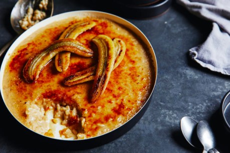 Butterscotch rice pudding brulee with brown butter bananas