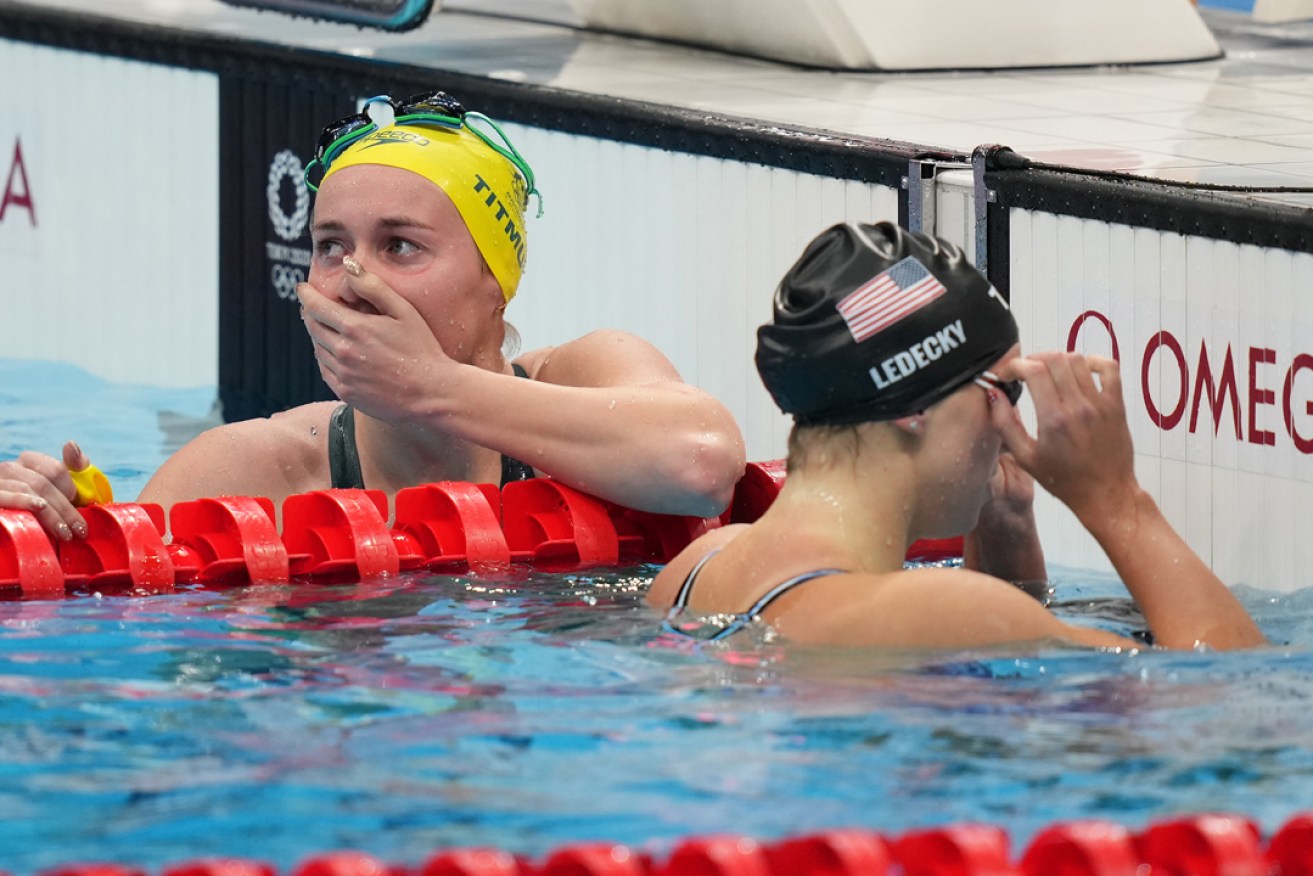 Ariarne Titmus of Australia reacts after her Gold medal win in the Women's 400m Freestyle Final. Picture: Joe Giddens
