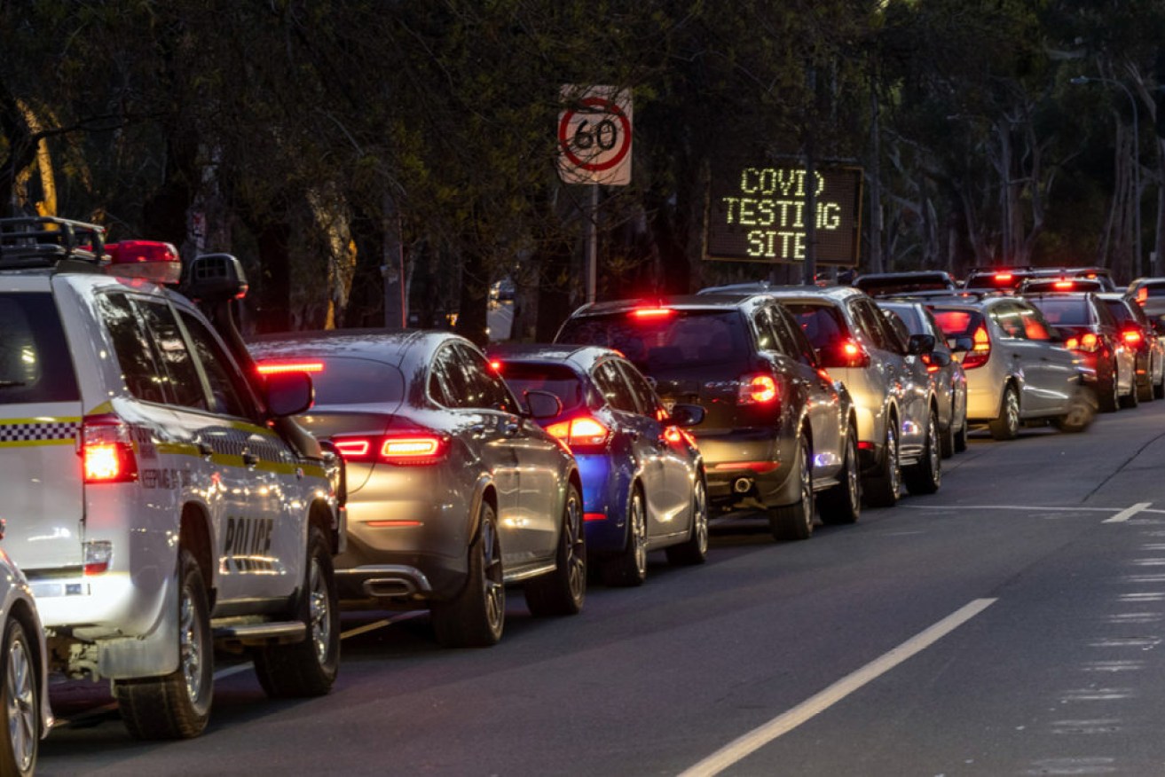 Cars queuing on Wakefield Road for the drive through COVID-19 testing centre in Victoria Park this week. Picture: Tony Lewis/InDaily.
