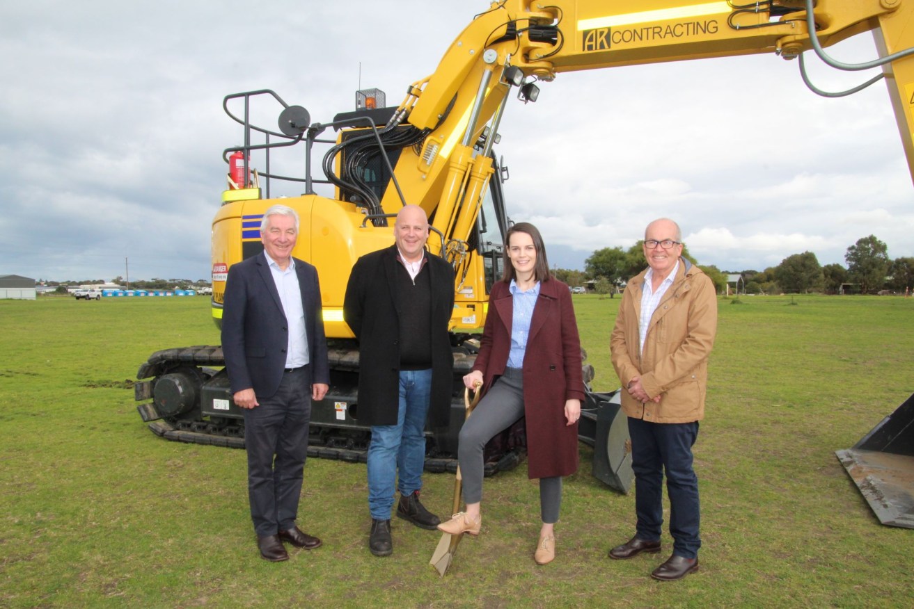 Construction began on Goolwa’s holiday park this week with, from left, G’day Group’s CEO Grant Wilckens, Minister for Primary Industries David Basham, G’day Group’s General Manager of Investment Amanda Baldwin and Alexandrina Council Mayor Keith Parkes breaking ground.  Photo: G’day Group