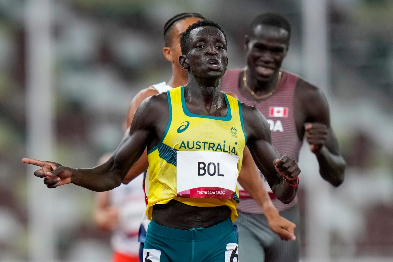 Peter Bol, of Australia, wins a men's 800-metre semifinal at the 2020 Summer Olympics, Sunday, Aug. 1, 2021, in Tokyo. (AP Photo/Petr David Josek)