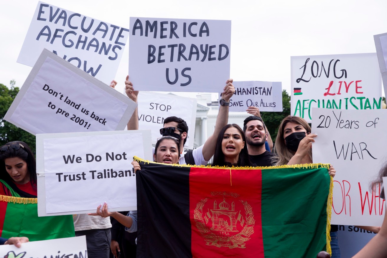 A protest in Washington DC about the Taliban retaking control of Afghanistan. Photo:  EPA/Michael Reynolds