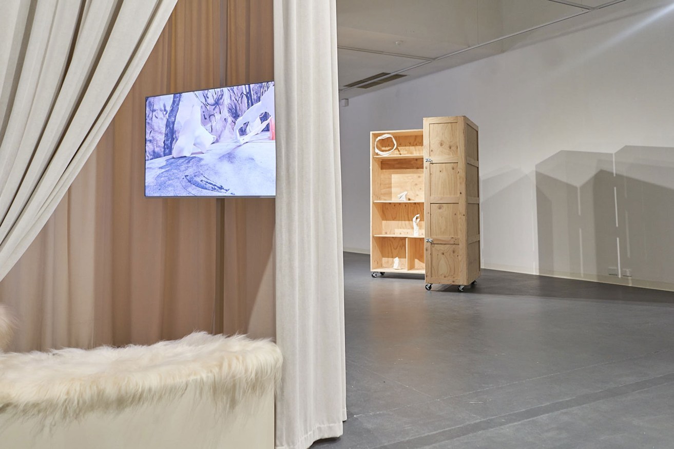 Bridget Currie's 'Message from the meadow', at ACE Open, incorporates sculpture, furniture, film, and sound. Photo: Sam Roberts
