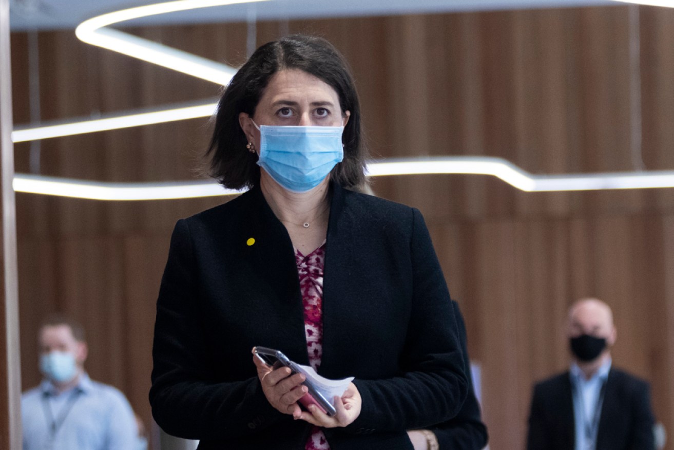 NSW Premier Gladys Berejiklian arrives to a COVID-19 update and press conference in Sydney, Thursday, August 5, 2021. (AAP Image/Pool, Brook Mitchell)
