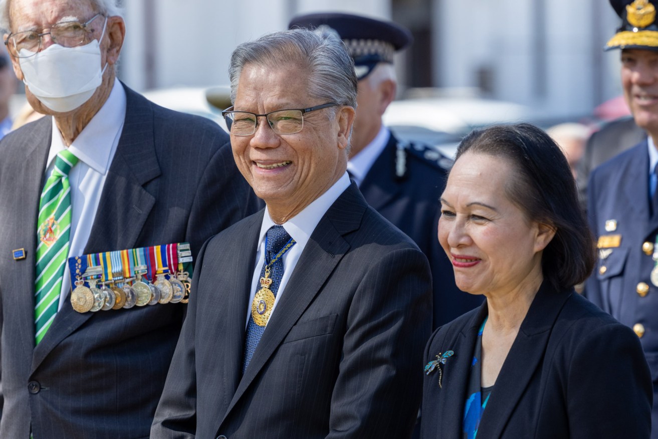 Governor Hieu Van Le and wife Lan Le outside the Vietnam War Memorial this morning (Photo: Tony Lewis/InDaily).