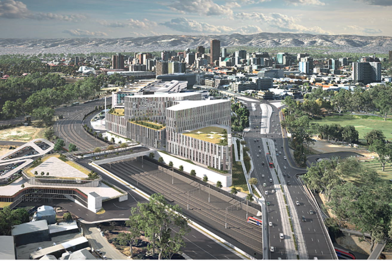 The new Women’s and Children’s Hospital misses an opportunity to connect patients to park land, proposing a car park, roadways and transit hub on the adjacent
park land precinct instead. Image supplied
