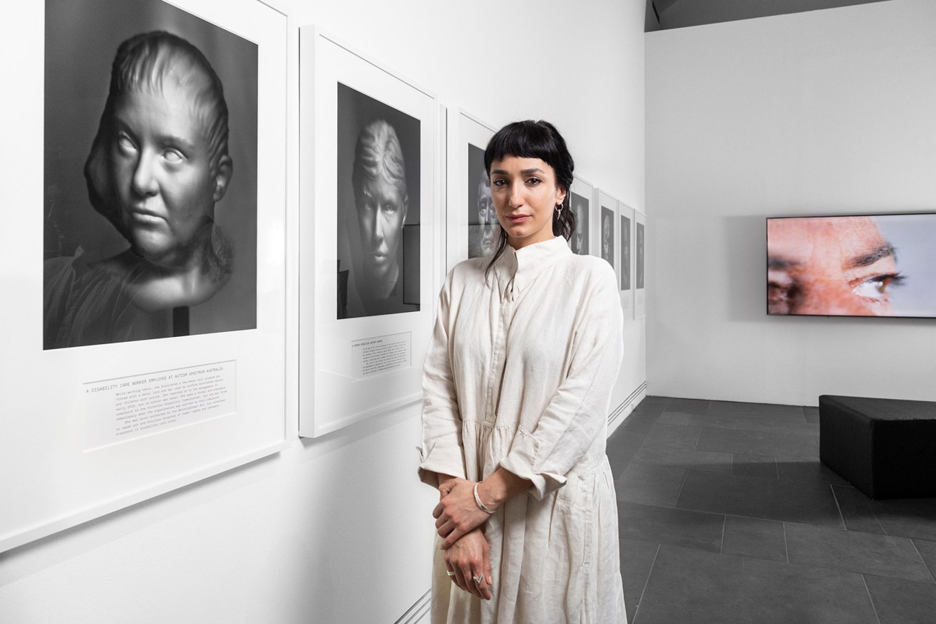 Hoda Afshar with her work 'Agonistes', Ramsay Art Prize 2021, Art Gallery of South Australia. Photo: Saul Steed