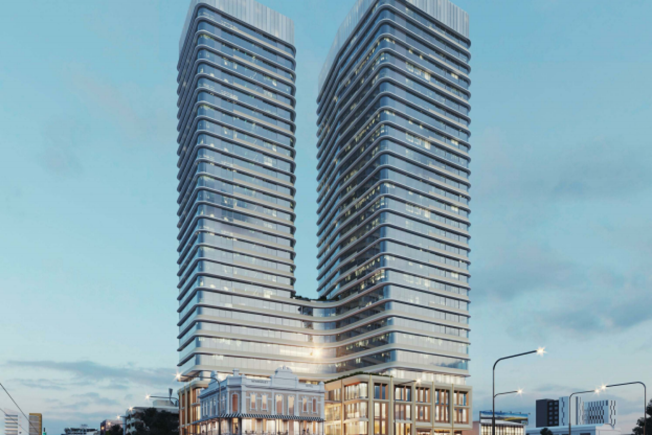Two 32-storey towers approved for behind the heritage-listed Newmarket Hotel are 65m higher than the local zone limit. Image supplied. 