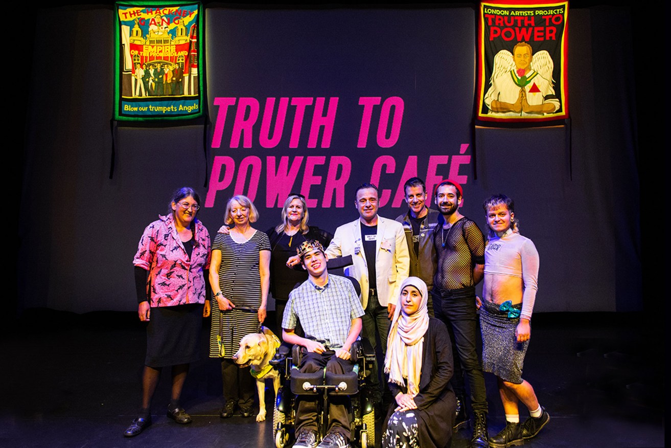 Jeremy Goldstein (centre, rear) with participants at a Truth to Power Cafe performance in the UK. Photo: Sarah Hickson