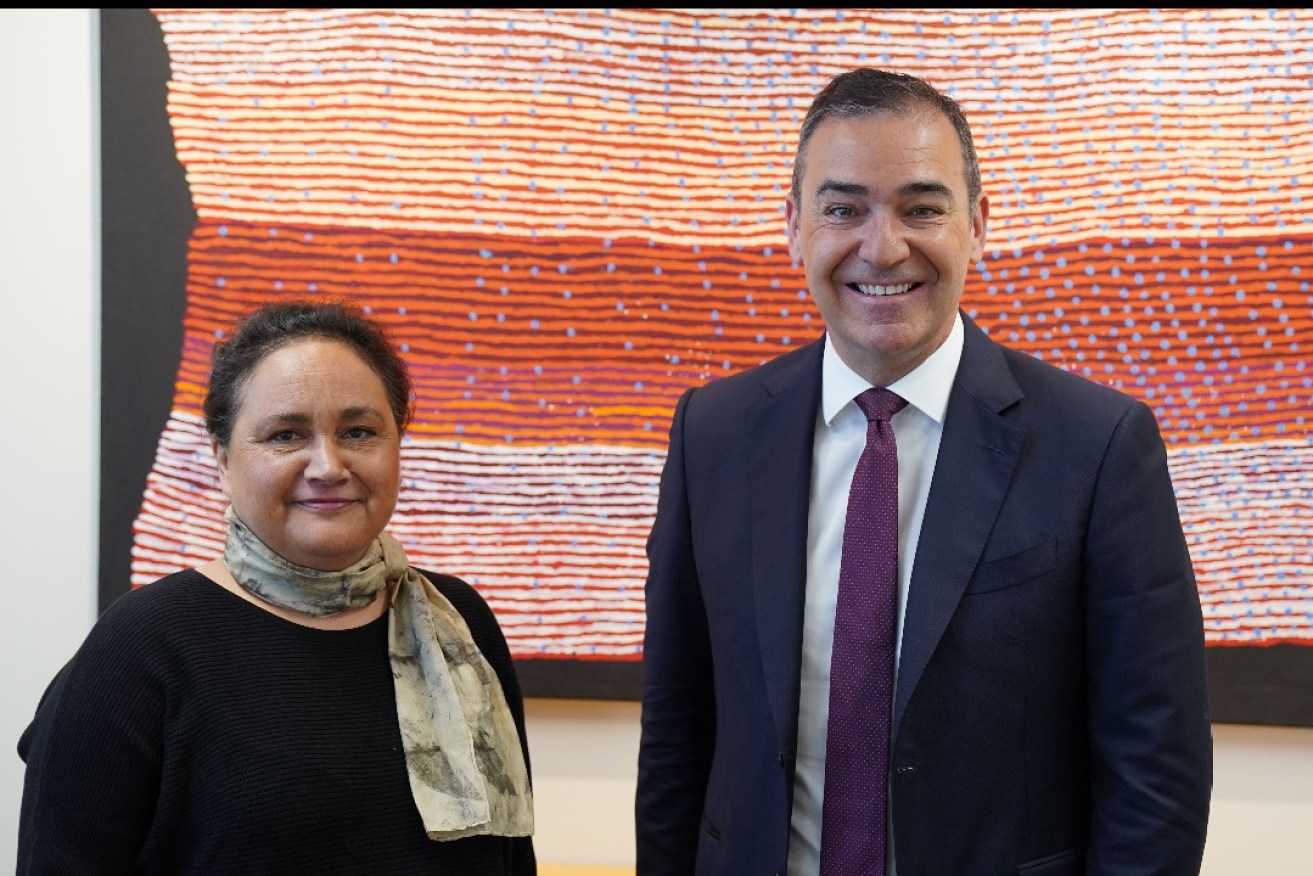 Newly-appointed Aboriginal Art and Cultures Centre assistant director Lee-Ann Tjunypa Buckskin with Premier Steven Marshall this morning. Photo: Supplied
