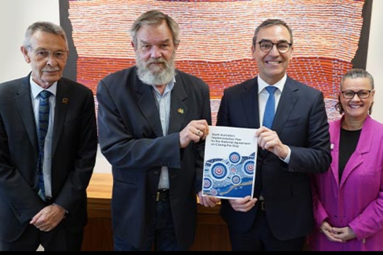 SAACCON’s Chris Larkin, Scott Wilson and Tina Quitadamo with Premier Steven Marshall launching South Australia’s Implementation Plan for the National Agreement on Closing the Gap. Photo: Department of the Premier and Cabinet
