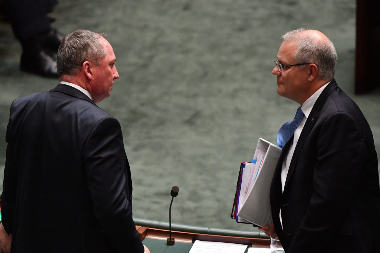 Deputy prime minister and Nationals leader Barnaby Joyce with Prime Minister Scott Morrison.  Photo: AAP/Mick Tsikas