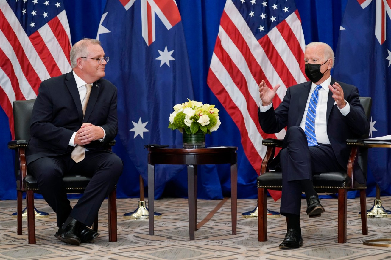 Prime Minister Scott Morrison with US President Joe Biden during the United Nations General Assembly on Tuesday. Biden has spoken to Emmanuel Macron over the AUKUS deal but the French PM has refused to talk to Morrison. Photo: AP/Evan Vucci