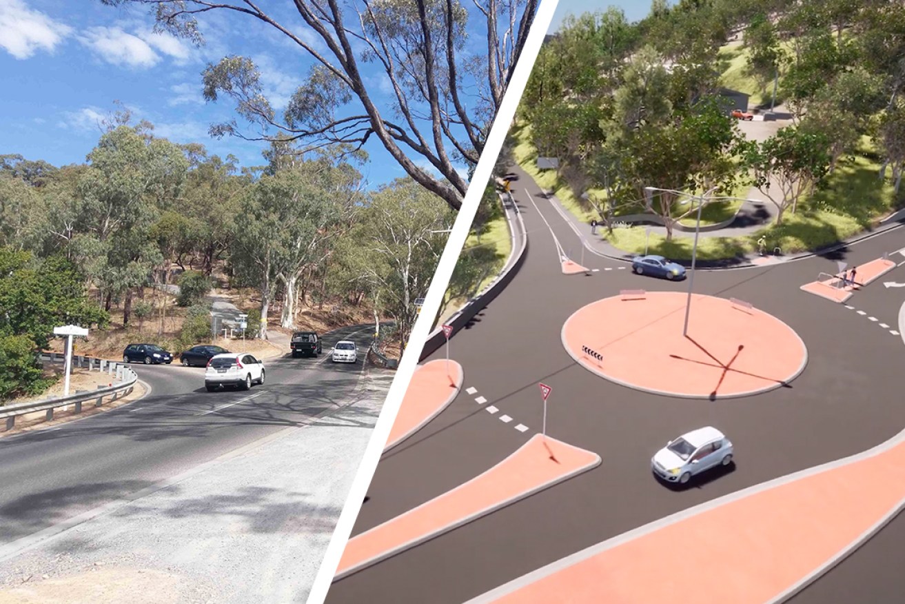 The intersection of James Road and Old Belair Road is set to undergo a $20 million upgrade to become a single lane roundabout with a northern bypass lane (Left photo: Greg O'Grady; right photo: Department of Infrastructure and Transport). 