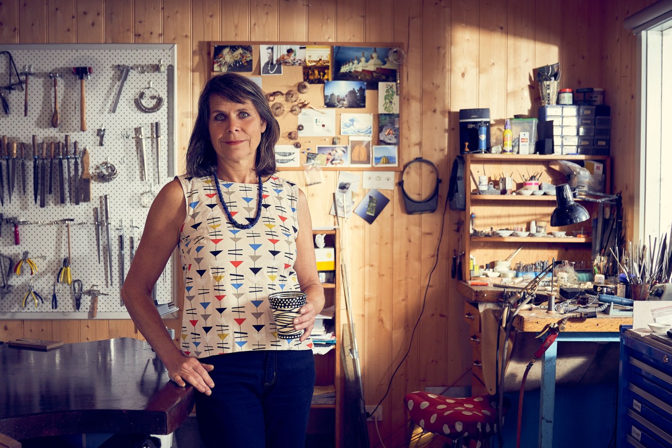 Regine Schwarzer's studio – a converted garage in her Bridgewater backyard – is lined with tools and materials she has accrued. Photo: Aubrey Jonsson
