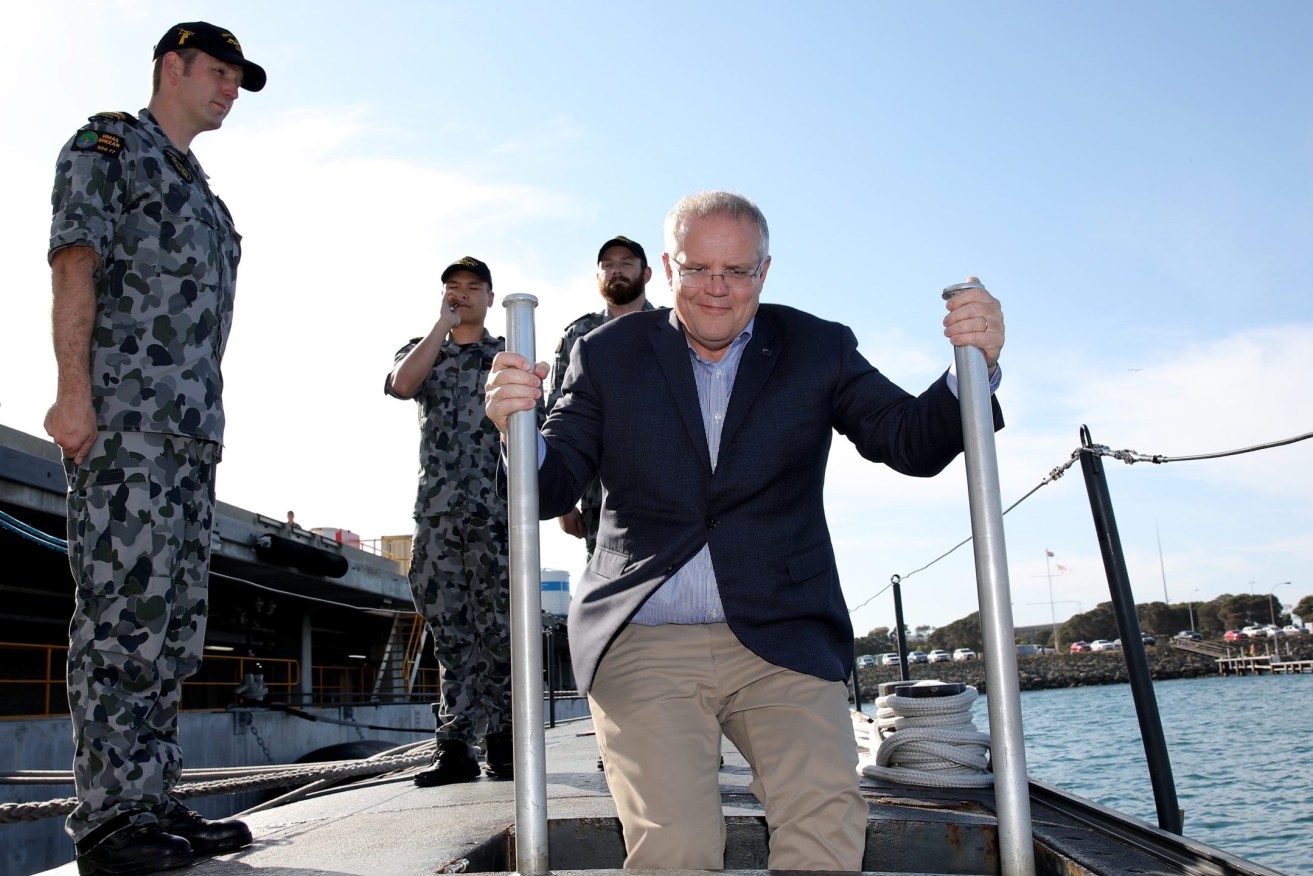 Former Prime Minister Scott Morrison aboard Collins Class submarine HMAS Sheean in 2019. (AAP Image/Richard Wainwright)