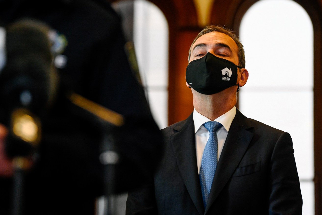 A masked Premier Steven Marshall at a recent press conference. Photo: Morgan Sette / AAP