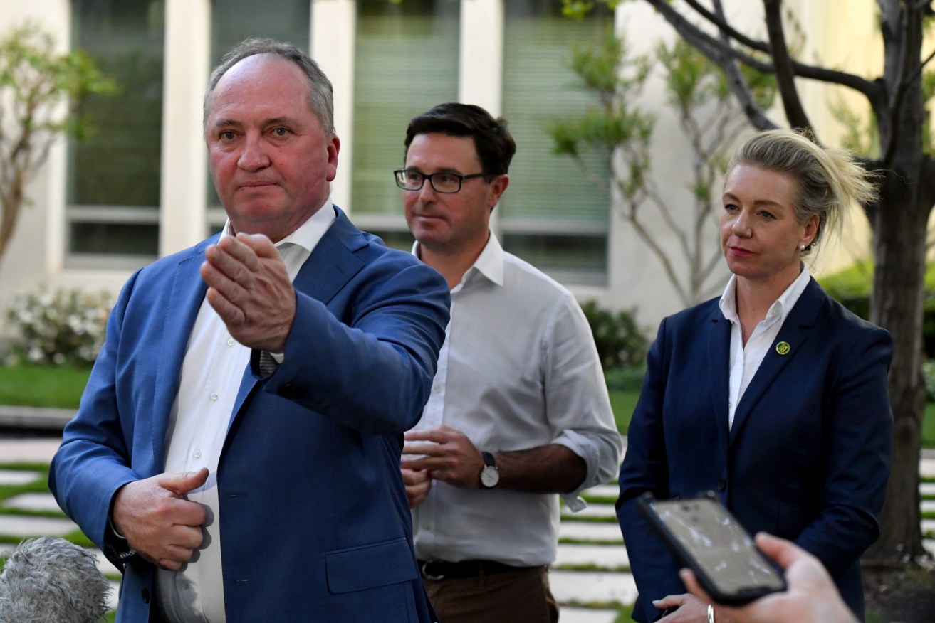 Deputy Prime Minister and Nationals leader Barnaby Joyce, Agriculture Minister David Littleproud and 
Senator Bridget McKenzie. Photo: AAP/Mick Tsikas