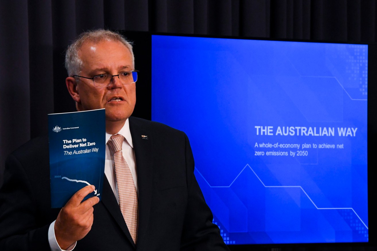 Australian Prime Minister Scott Morrison speaks to the media to unveil the federal government's net zero emissions plan (AAP Image/Lukas Coch)