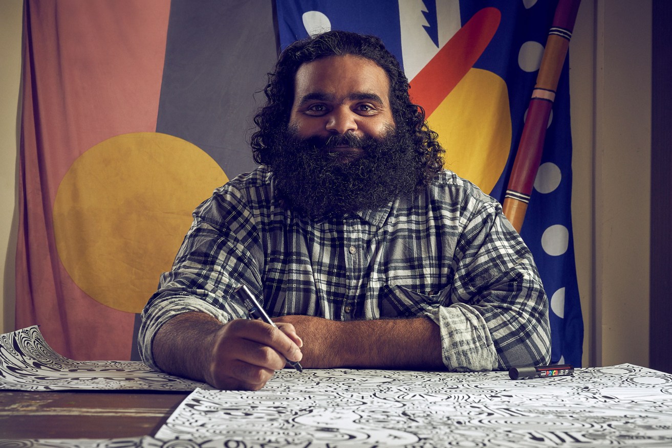 Cedric Varcoe in his garage-turned-art-studio at Port Elliot: 'It’s in our spirit to look after Country because we’re born from it.' Photo: Aubrey Jonsson