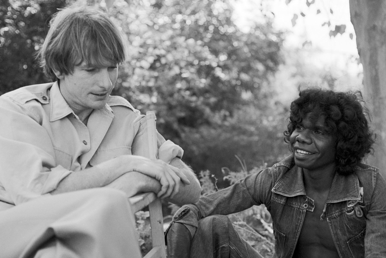 Peter Weir and David Gulpilil on location at Mitcham in 1977 for ’The Last Wave’ - an early film on which Scott Hicks was a crew member. Photo: Scott Hicks
