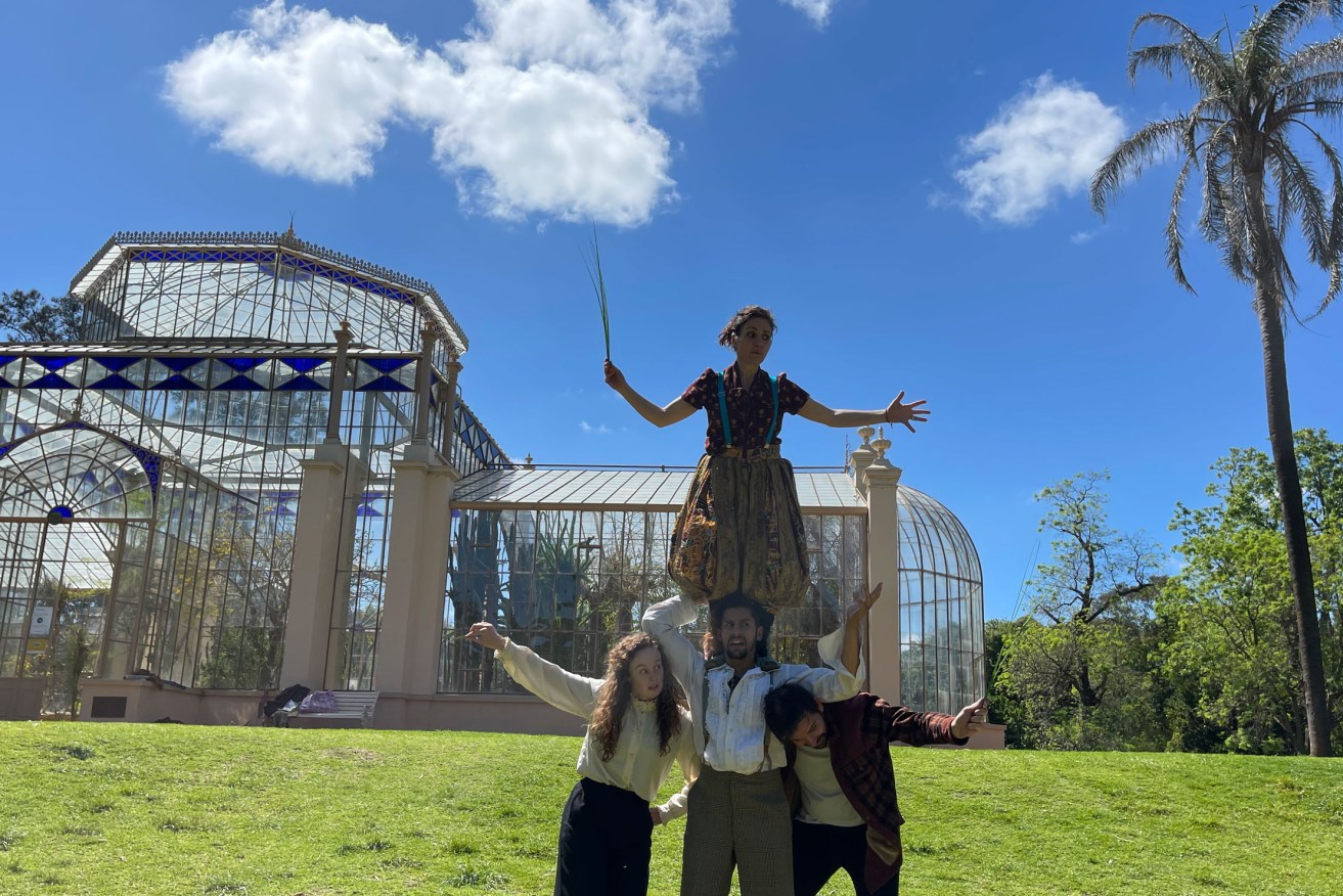 'Twelfth Night' cast members during rehearsals for the Shakespeare South Australia production on the Palm House lawns.