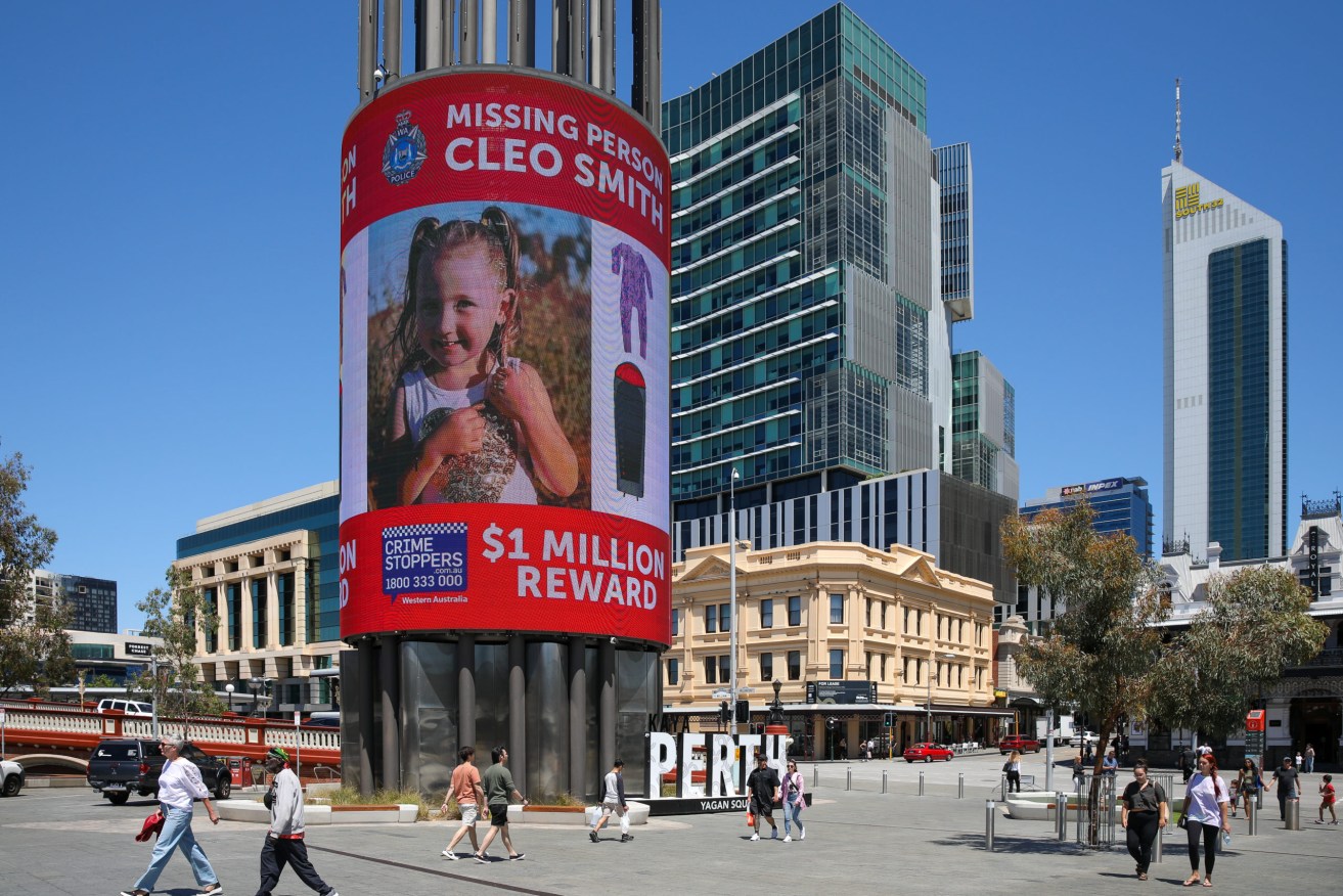 A sign offering a $1 million reward for information on Cleo Smith in Perth. Photo: AAP/Richard Wainwright