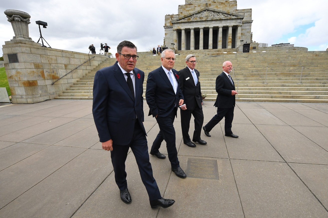 Victorian Premier Daniel Andrews and Australian Prime Minister Scott Morrison at Melbourne's Shrine of Remembrance. Photo: AAP/James Ross 
