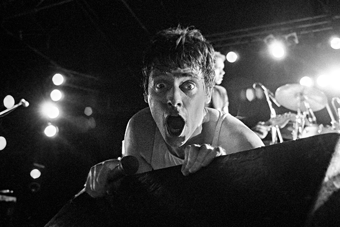 Doc Neeson during a gig by The Angels at Adelaide University in 1981. Photo: Eric Algra, published in Roadrunner 4, December 1981 / January 1982