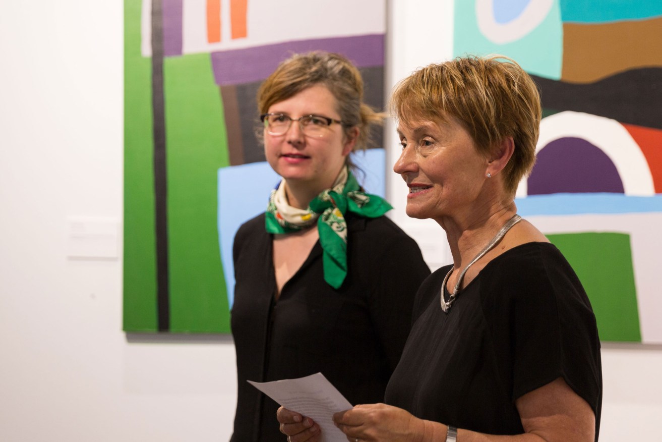 Margie Sheppard (right) with Maria Zagala at the opening of three solo exhibitions of work by Yvonne Boag, Yuro Cuchor and Ed Douglas in 2018. Photo: Sia Duff