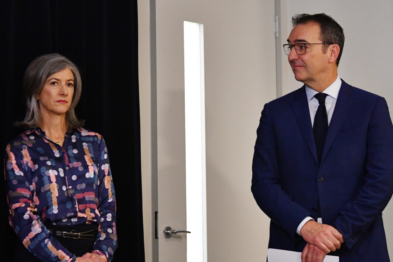 Chief Public Health Officer Nicola Spurrier with Premier Steven Marshall at a media conference early in the COVID-19 pandemic. Photo: David Mariuz / AAP