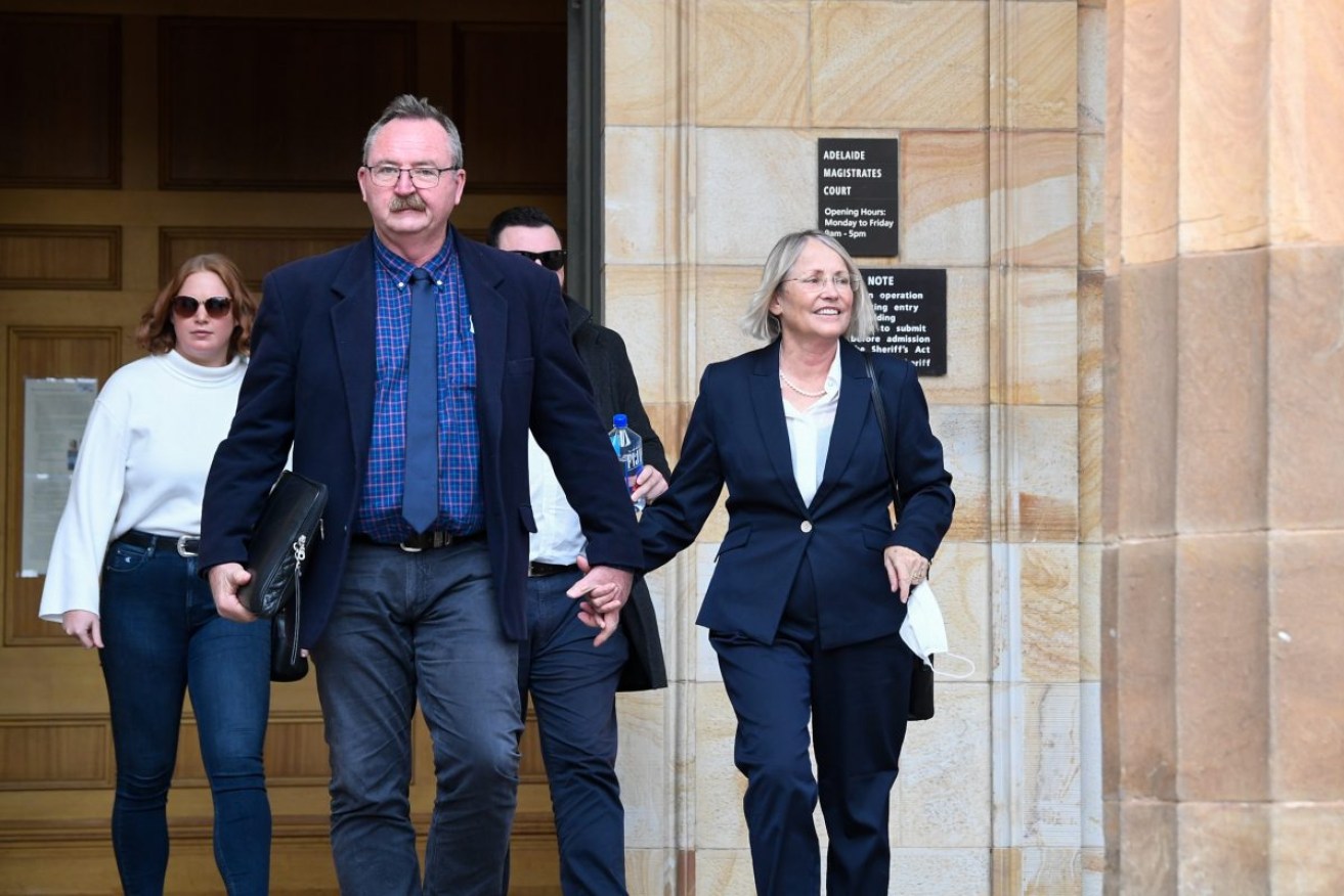 The Digances leave the Adelaide Magistrates Court after an appearance in August 2021. Photo: Morgan Sette / AAP