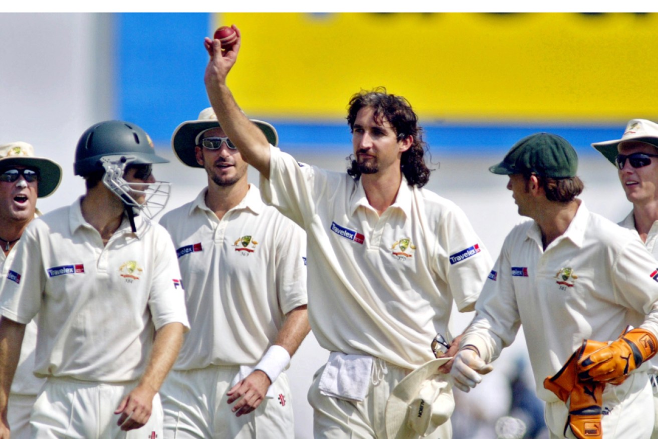 Jason Gillespie displays the ball after taking five wickets against India at Nagpur in 2004. Picture: Aman Sharma/AP