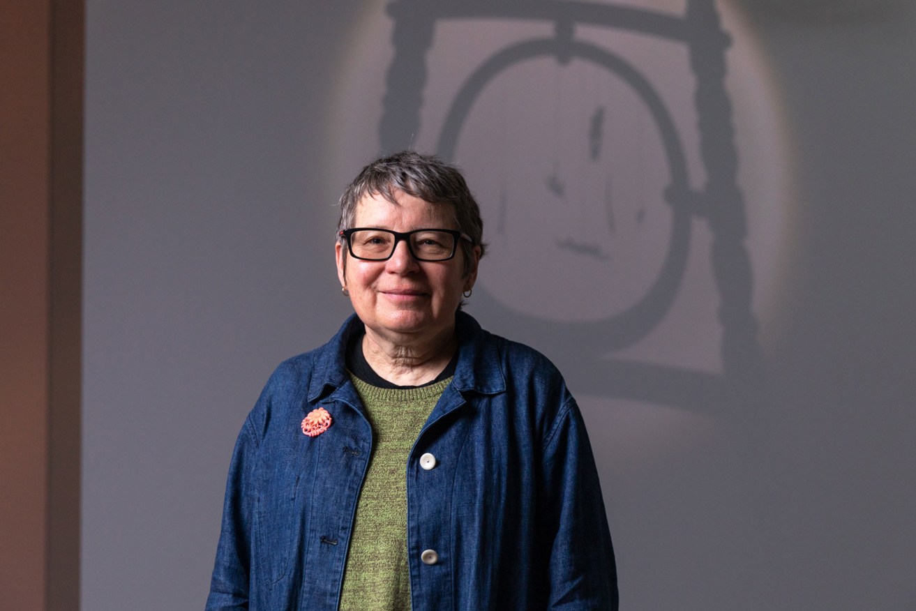 Julie Gough with her work 'The Promise ll', Tarnanthi 2021, Art Gallery of South Australia. Photo: Sia Duff