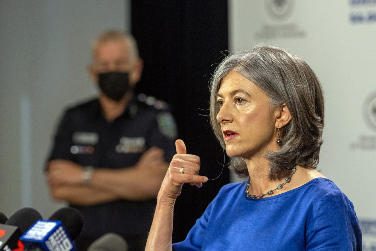 Chief Public Health Officer Nicola Spurrier on Friday, flanked by Police Commissioner Grant Stevens. Photo: Tony Lewis / InDaily