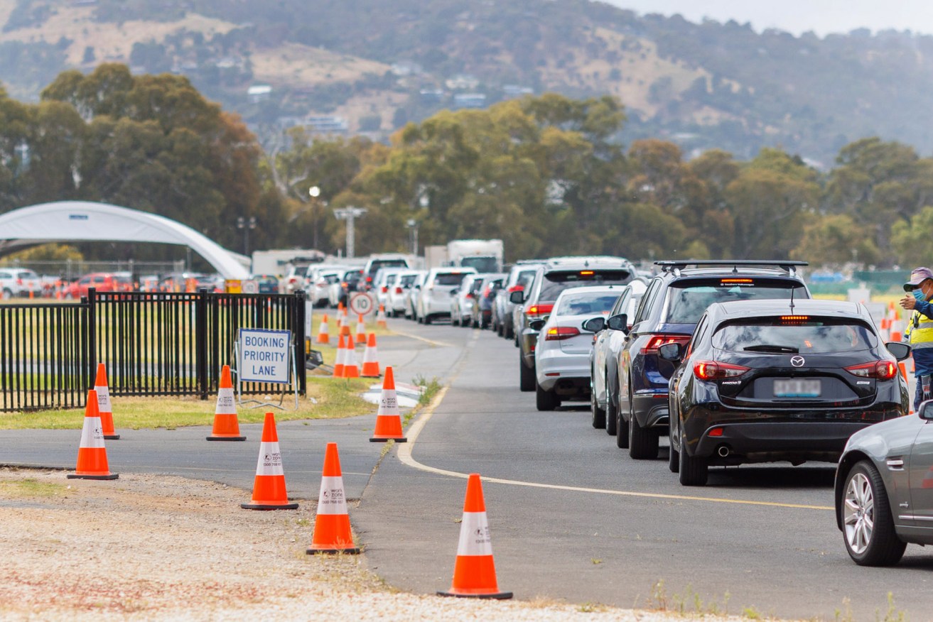 File photo of queue for COVID-19 testing at Victoria Park on Monday morning. Photo: Tony Lewis/InDaily