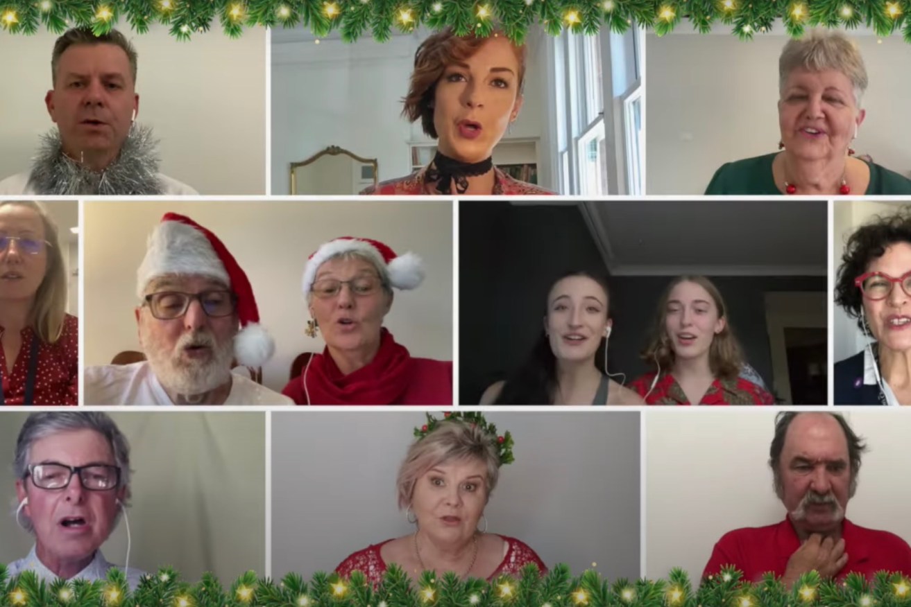 A still image from a "virtual Christmas choir" video featuring survivors of head and neck cancer.