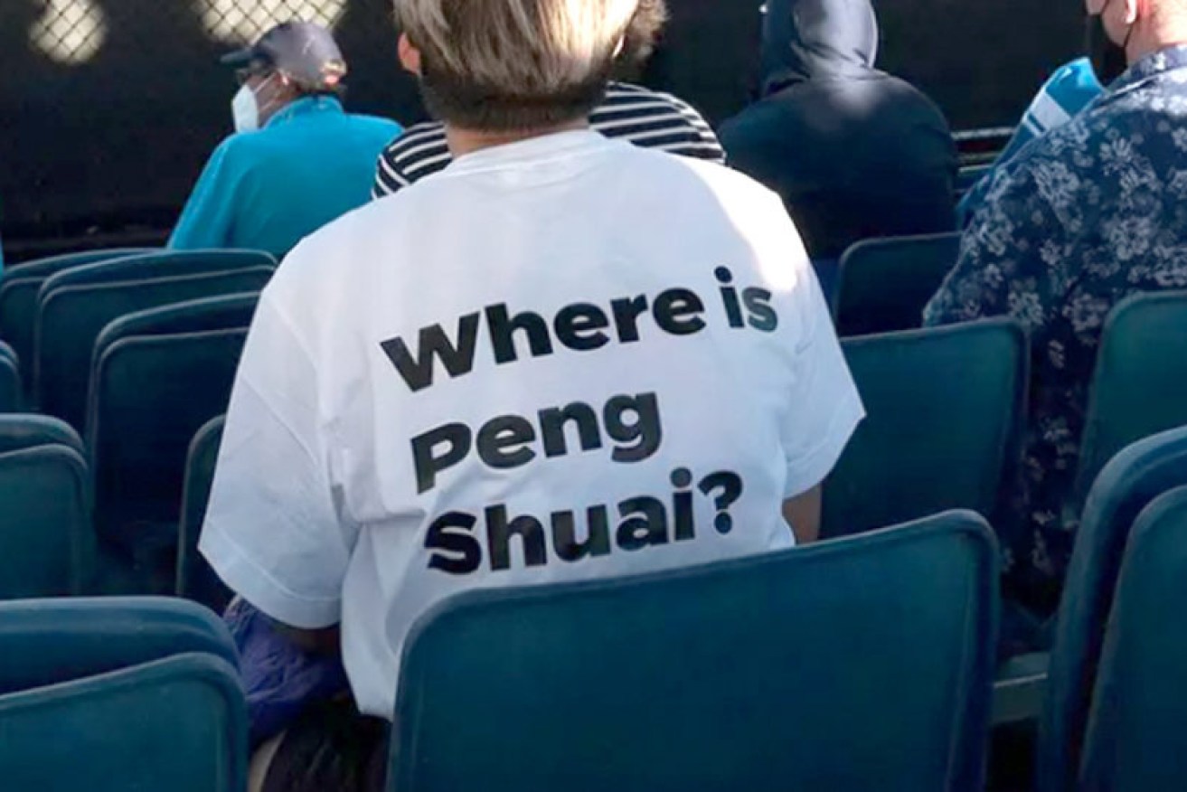 Tennis fans wearing these shirts were told to take them off at the Australian Open. Photo via Twitter 