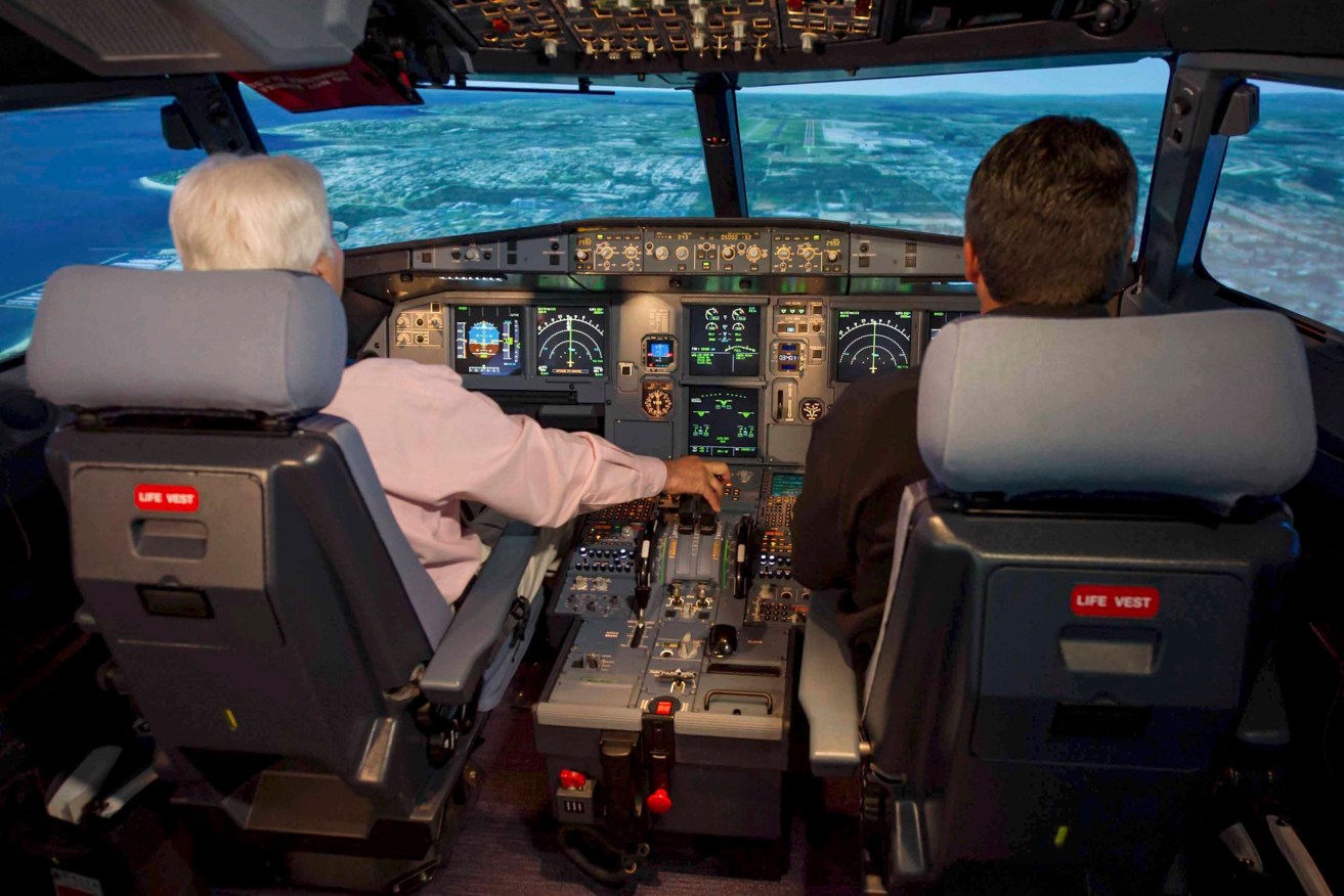 An interior view of an Airbus A320 cockpit simulator. (Image: EPA/Jason Calston/supplied Airbus)