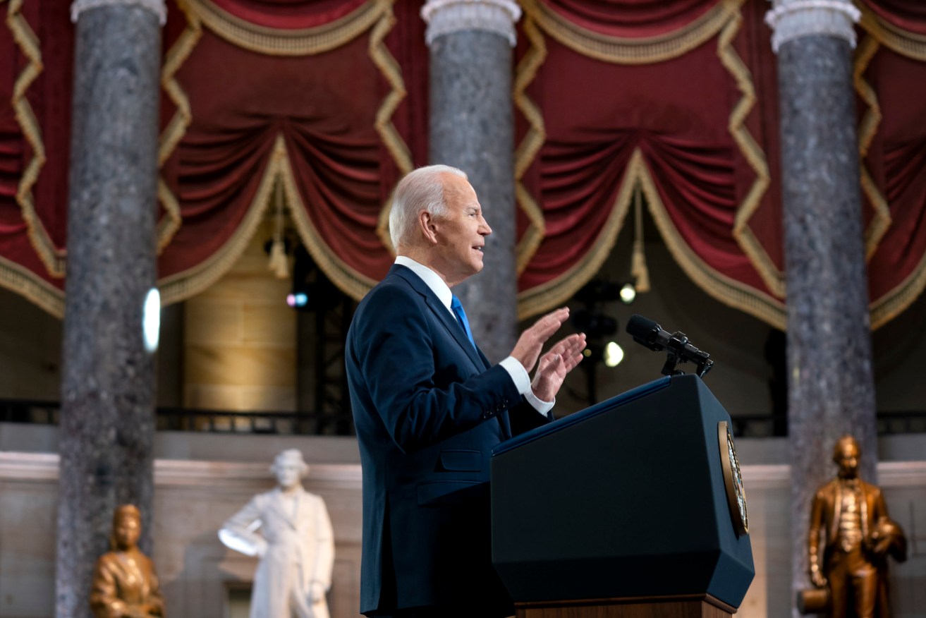 President Joe Biden is seen before giving remarks in Statuary Hall of the U.S Capitol in Washington, D.C., on Thursday, January 6, 2022 to mark the one year anniversary of the attack on the Capitol. (Photo by Greg Nash/Pool/Sipa USA)
