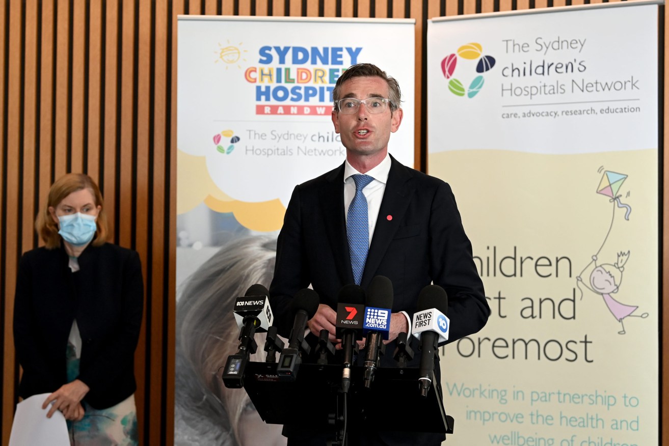 NSW Premier Dominic Perrottet speaks to the media during a press conference at the Sydney Children’s Hospital in Randwick, Sydney, Monday, January 10, 2022. (AAP Image/Bianca De Marchi). 