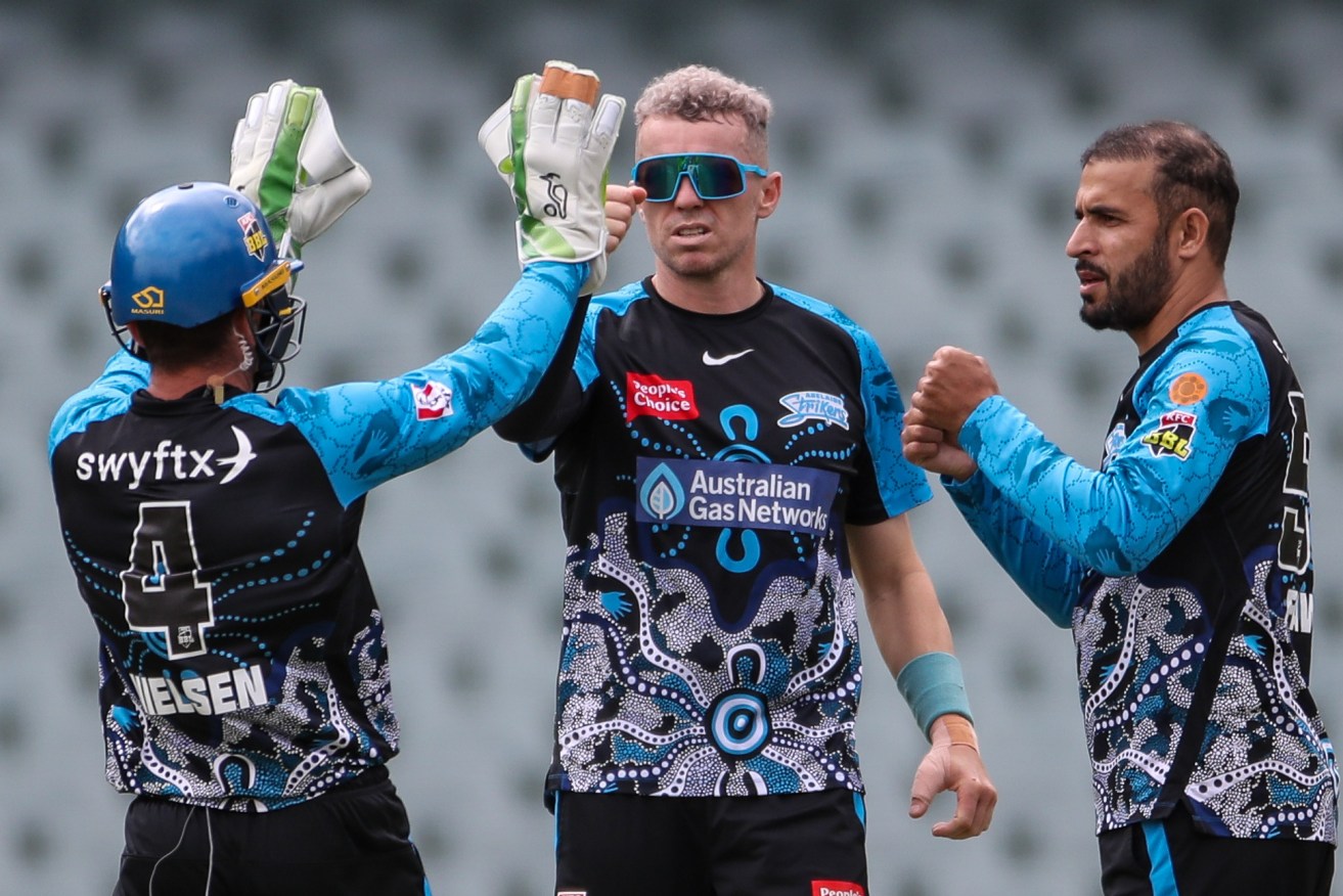 Peter Siddle celebrates the wicket of Peter Hatzoglou during the Strikers's BBL clash with the Perth Scorchers this morning (AAP Image/Matt Turner). 