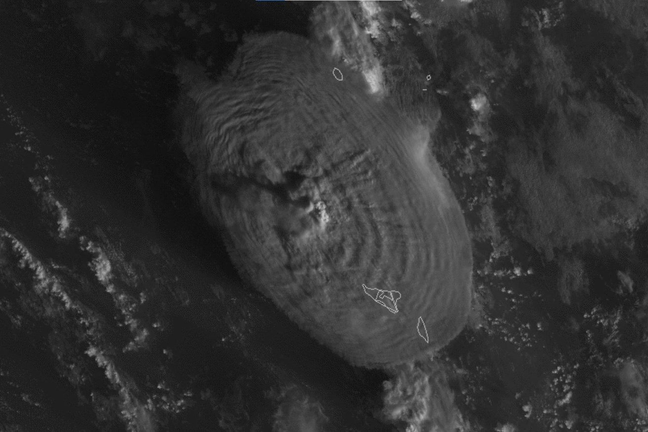 Satellite photo of the eruption of the Hunga Tonga-Hunga Ha'apai volcano in Tonga. Photo: National Oceanic and Atmospheric Administration/Cover Images

