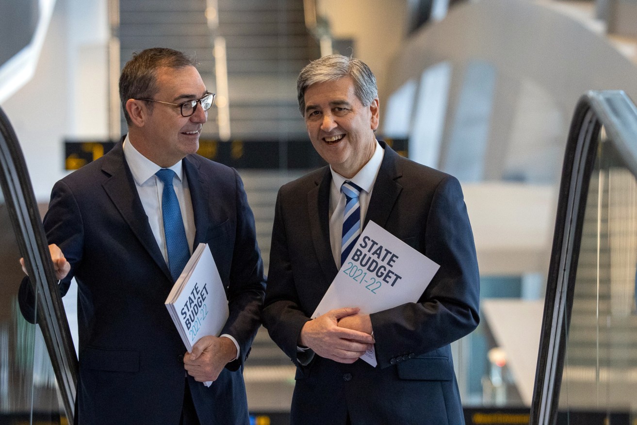 Steven Marshall and Treasurer Rob Lucas on budget day. Photo: Tony Lewis / InDaily