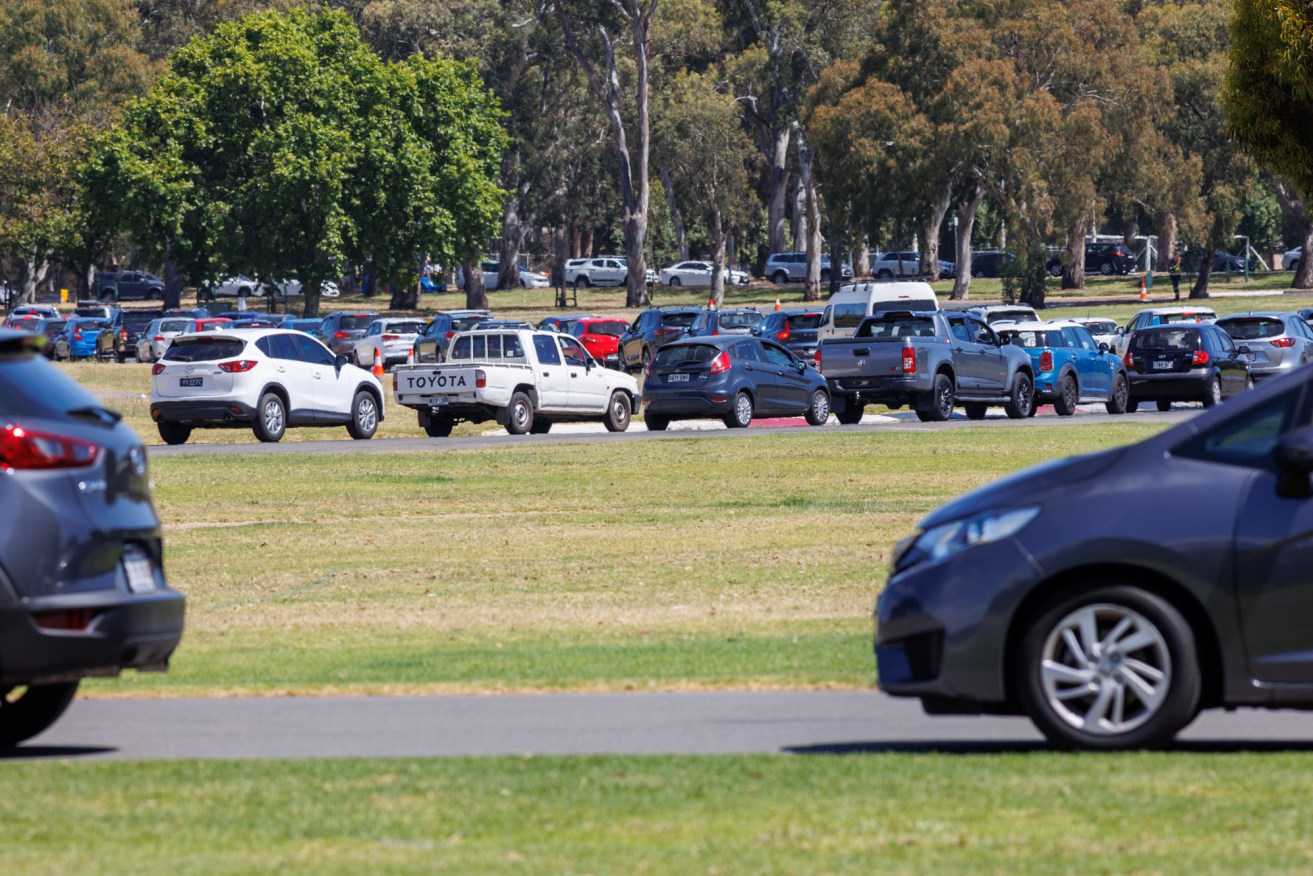 Cars lined up at the Victoria Park testing site last month. Photo: Tony Lewis / InDaily
