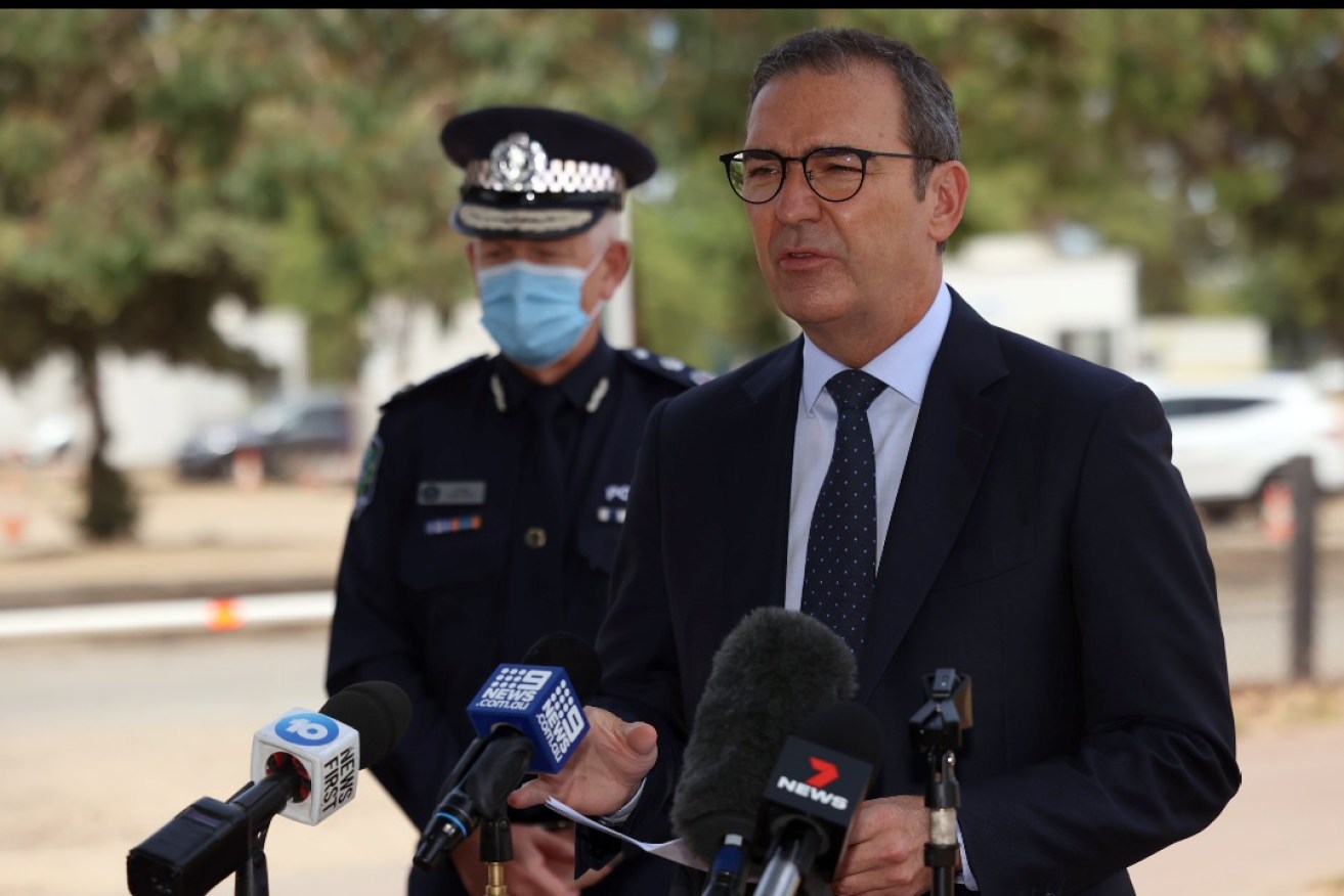 Premier Steven Marshall and state emergency coordinator Grant Stevens speaking to reporters this afternoon. Photo: Tony Lewis/InDaily