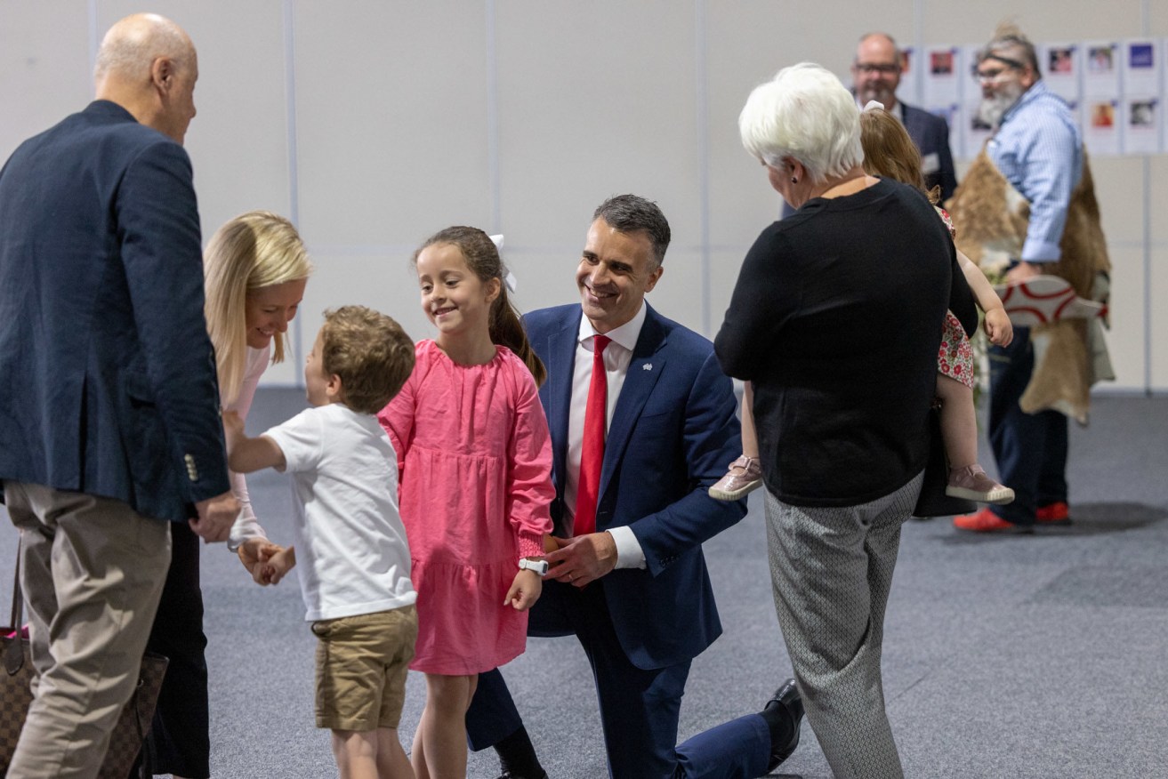 Peter Malinauskas with his family before last year's SA Labor Convention. He today announced plans to consider changing the state's school hours. Photo: Tony Lewis / InDaily