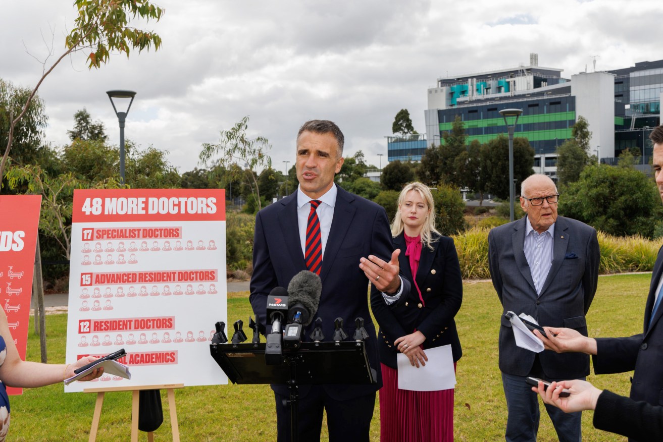 Labor leader Peter Malinauskas speaking to reporters at the new Women's and Children's Hospital site this morning. Photo: Tony Lewis/InDaily